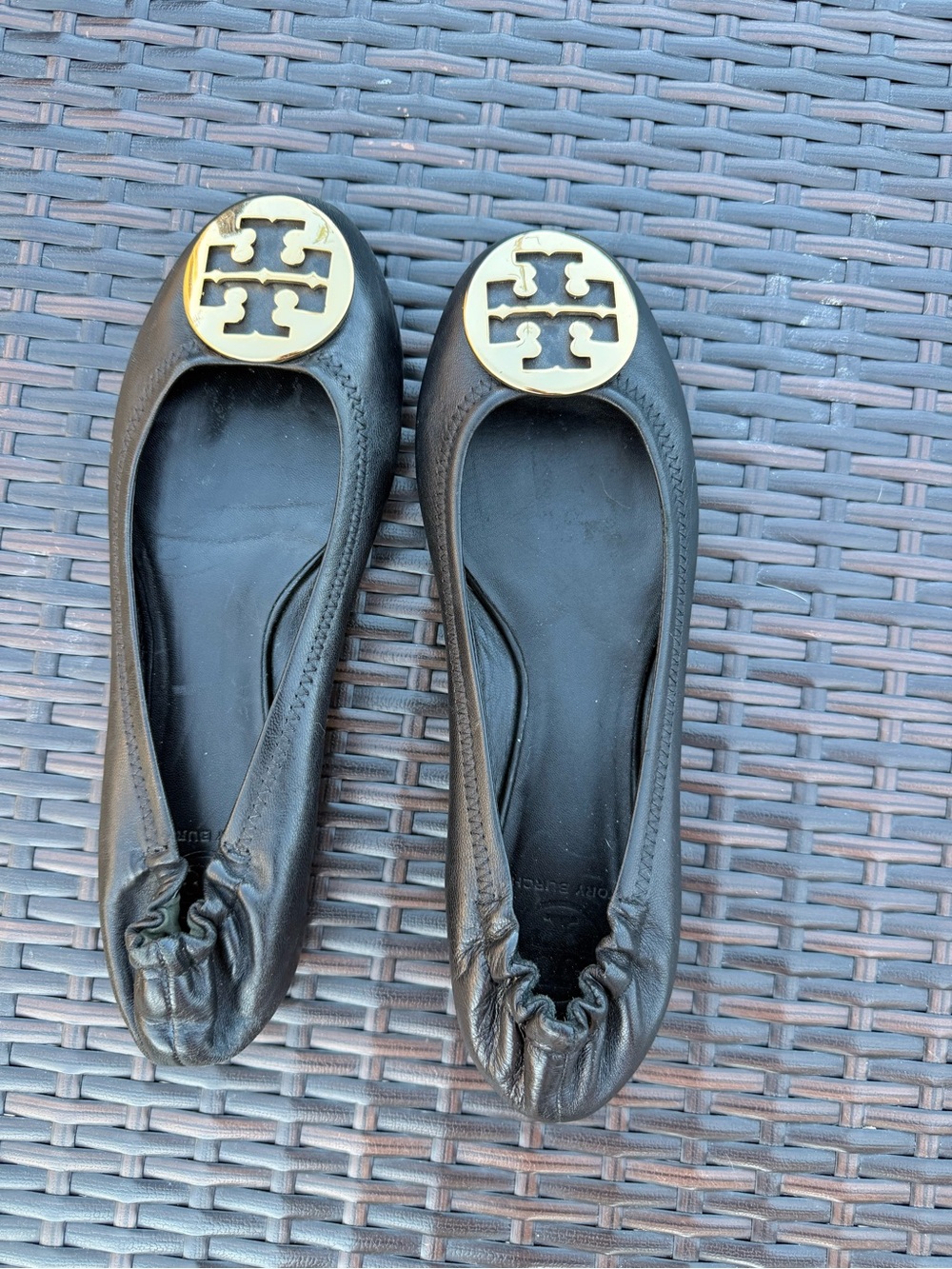 Tory Burch Black Leather Ballet Flats with Gold Logo Medallions